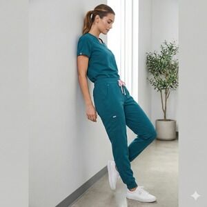 Figs Teal Track Joggers with Pink Drawstring